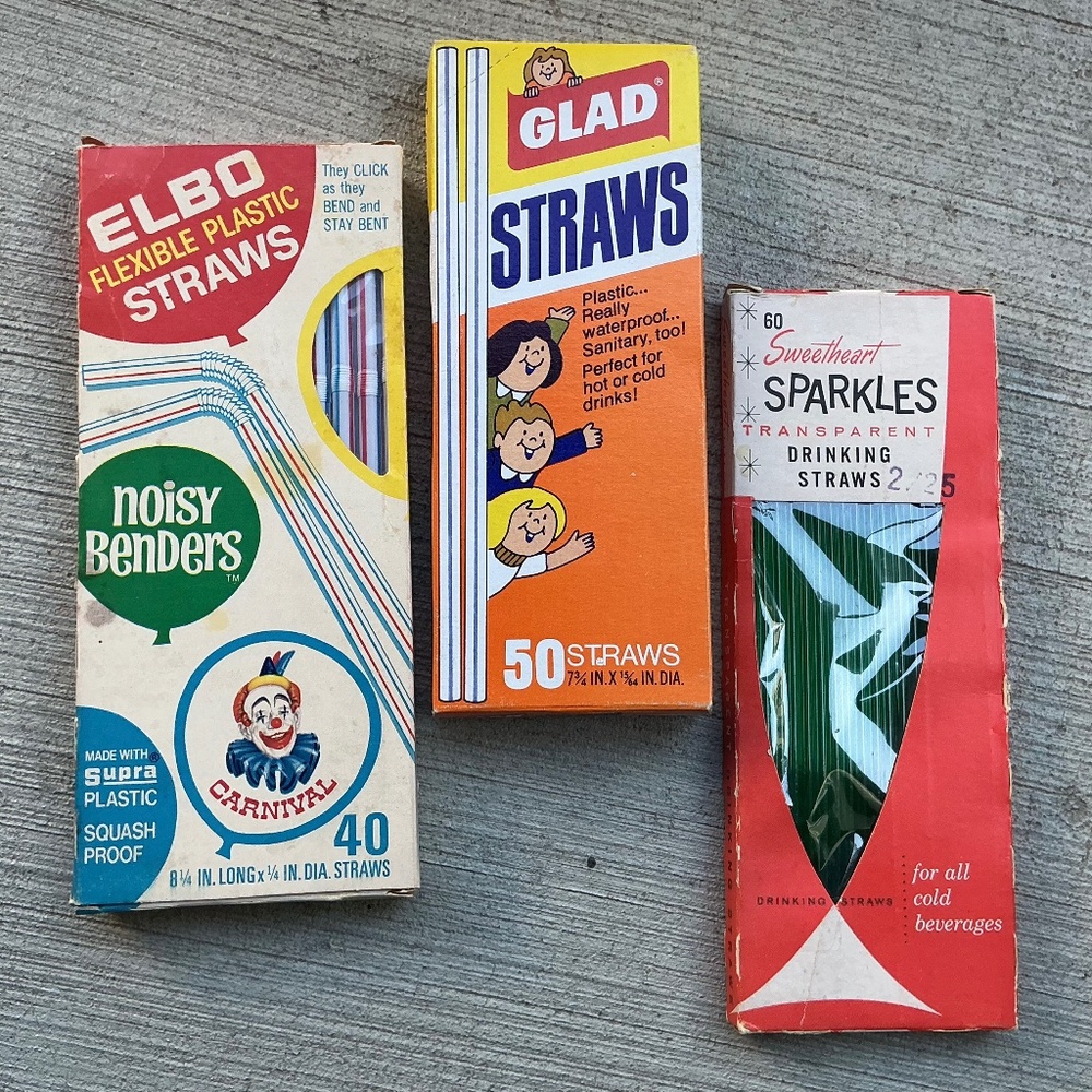 Vintage ELBO NOISY BENDERS, GLAD STRAWS, SWEETHEART DRINKING STRAWS (3)